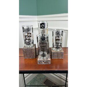 Vintage Federal Glass Black And Gold Medallions Glass Tumblers.
